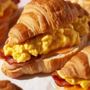 Deliciously Simple Croissant Sandwiches for Any Time of Day 38 Delicious croissant sandwich filled with savory ingredients and melted cheese.