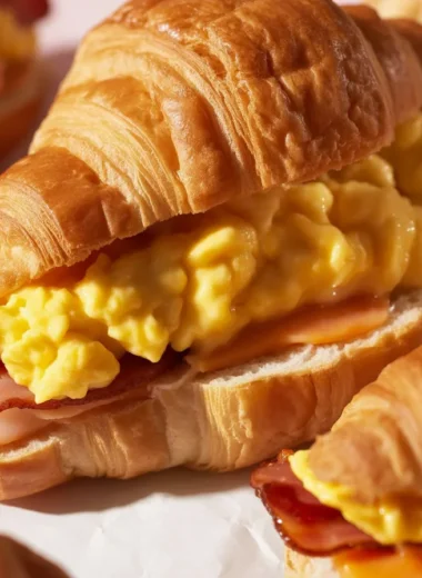 Delicious croissant sandwich filled with savory ingredients and melted cheese.