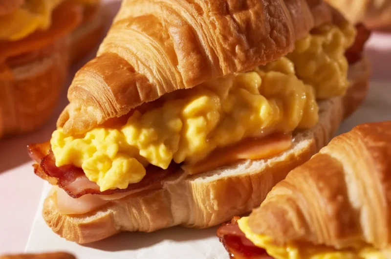 Delicious croissant sandwich filled with savory ingredients and melted cheese.