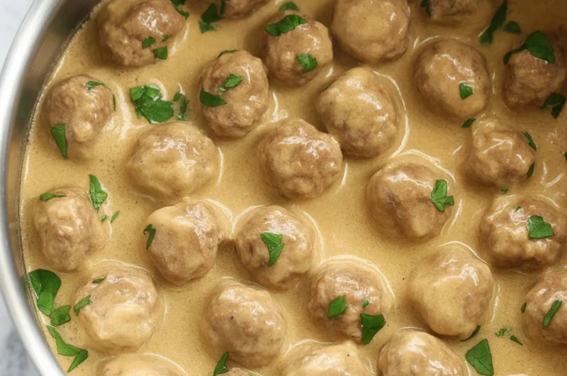 Homemade Swedish meatballs in creamy gravy served with noodles and parsley garnish.
