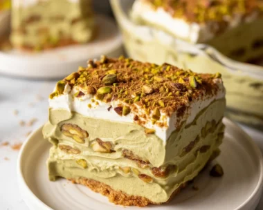 Delicious Pistachio Tiramisu Delight with creamy layers and pistachio topping.