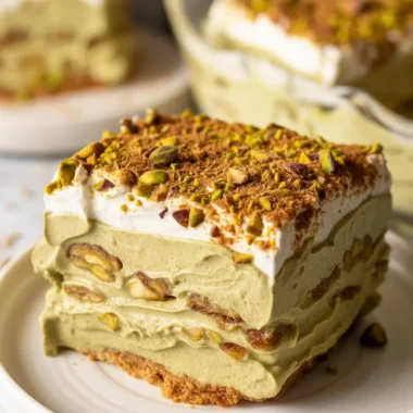 Delicious Pistachio Tiramisu Delight with creamy layers and pistachio topping.