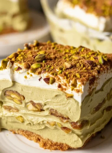 Delicious Pistachio Tiramisu Delight with creamy layers and pistachio topping.