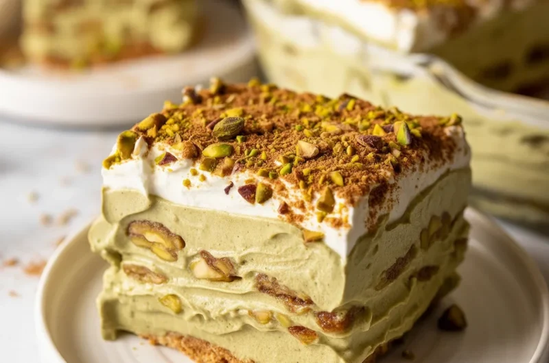 Delicious Pistachio Tiramisu Delight with creamy layers and pistachio topping.