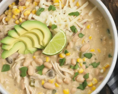 Delicious creamy white chicken chili served in a bowl with toppings.