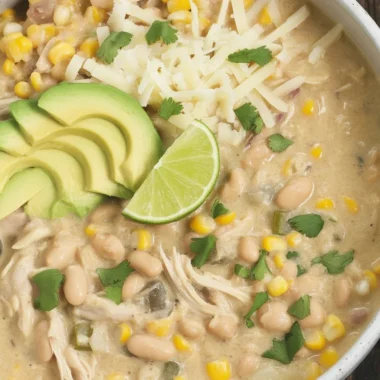 Delicious creamy white chicken chili served in a bowl with toppings.