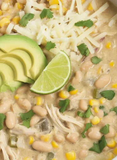 Delicious creamy white chicken chili served in a bowl with toppings.