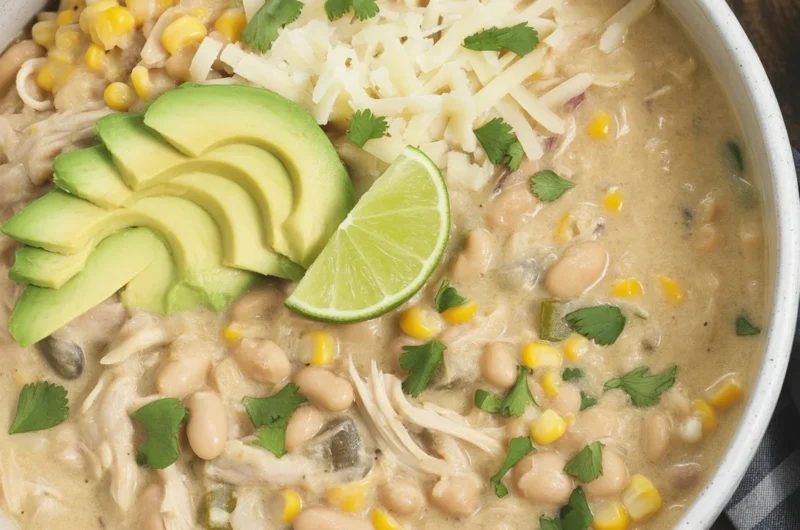 Delicious creamy white chicken chili served in a bowl with toppings.