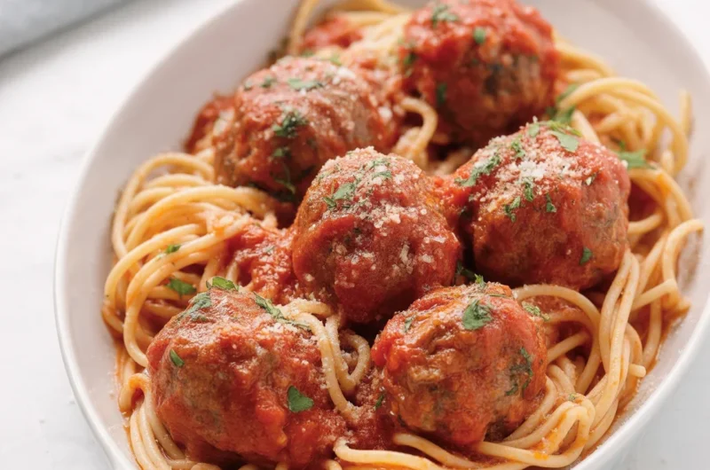 Delicious homemade meatballs in a rich sauce, perfect for pasta dishes.
