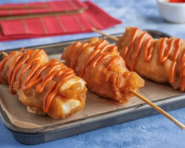 Delicious viral Korean Corn Dogs with hot dog and cheese in sweet fluffy batter.