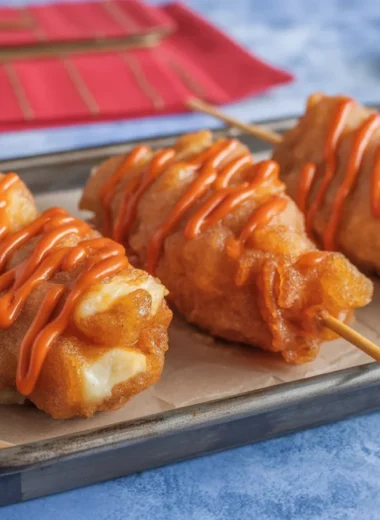 Delicious viral Korean Corn Dogs with hot dog and cheese in sweet fluffy batter.
