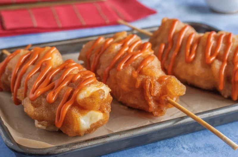 Delicious viral Korean Corn Dogs with hot dog and cheese in sweet fluffy batter.
