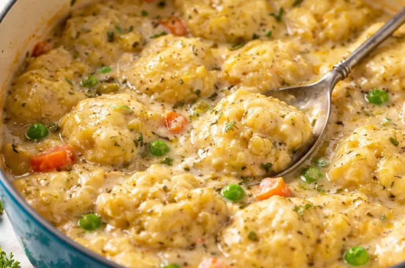 A hearty bowl of Creamy Chicken and Dumplings topped with fluffy dumplings in creamy broth.