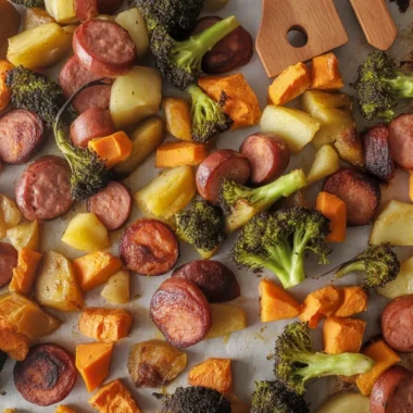 A delicious Sheet Pan Sausage and Winter Vegetables dish with vibrant colors and textures.