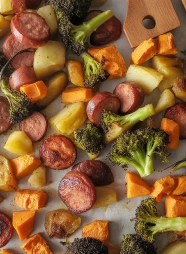 A delicious Sheet Pan Sausage and Winter Vegetables dish with vibrant colors and textures.