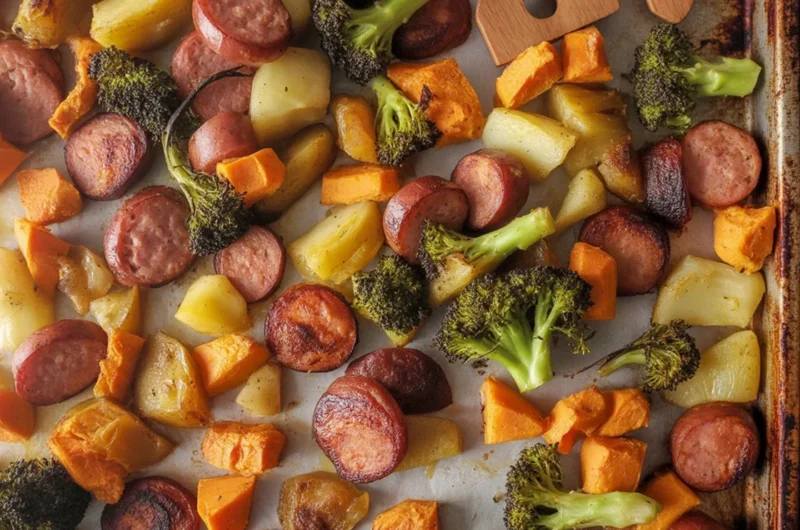 A delicious Sheet Pan Sausage and Winter Vegetables dish with vibrant colors and textures.