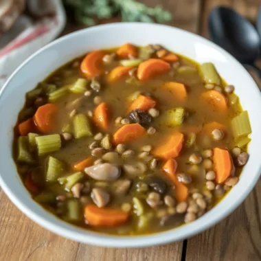 A comforting bowl of hearty lentil soup filled with vegetables, perfect for cold days.
