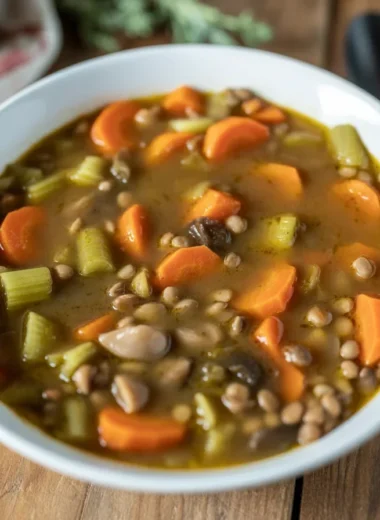 A comforting bowl of hearty lentil soup filled with vegetables, perfect for cold days.