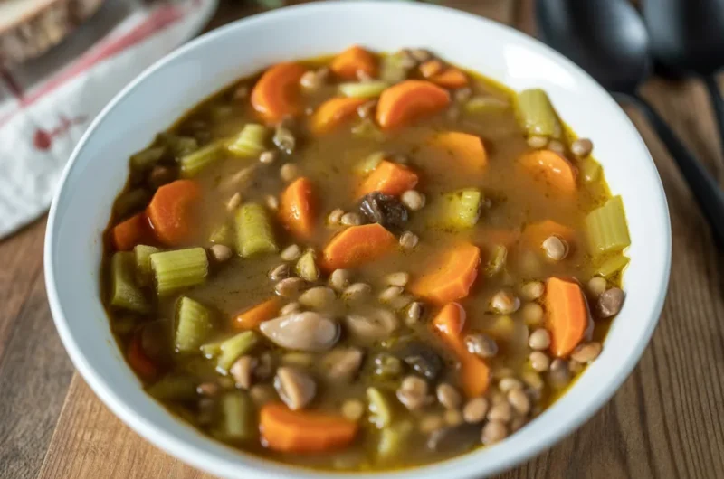 A comforting bowl of hearty lentil soup filled with vegetables, perfect for cold days.