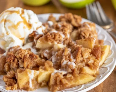 Warm Apple Cinnamon Crumble served with a scoop of vanilla ice cream.
