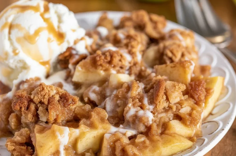Warm Apple Cinnamon Crumble served with a scoop of vanilla ice cream.