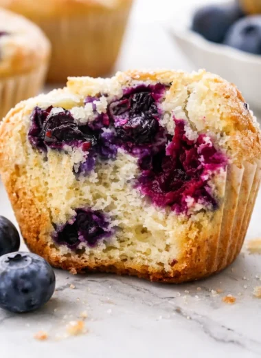Freshly baked easy blueberry muffins with a moist and fluffy texture