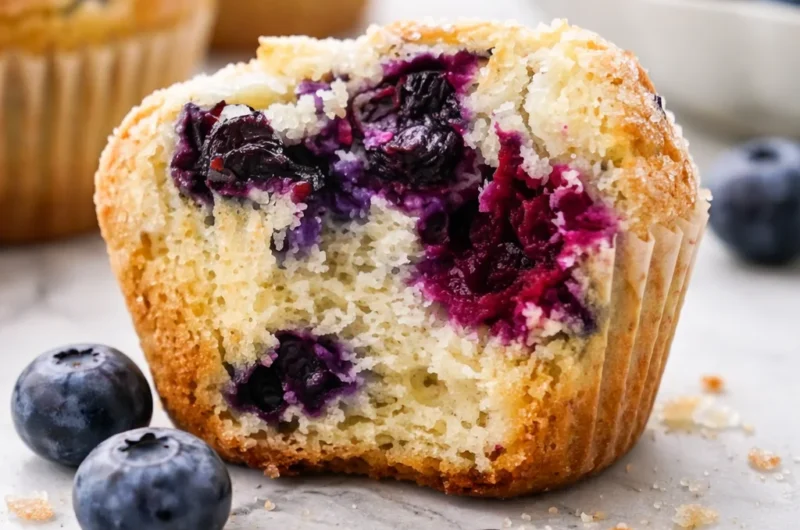 Freshly baked easy blueberry muffins with a moist and fluffy texture