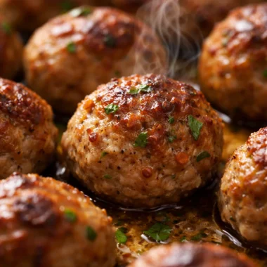 Healthy turkey meatballs oven-baked with spinach, served with spaghetti.