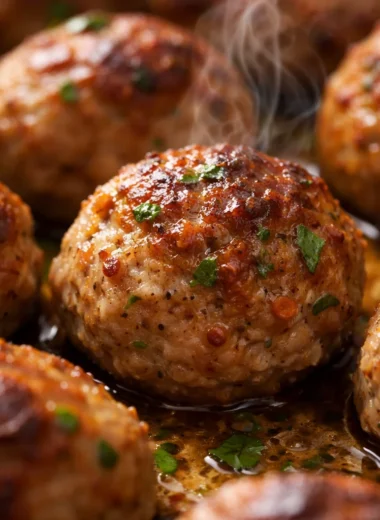 Healthy turkey meatballs oven-baked with spinach, served with spaghetti.