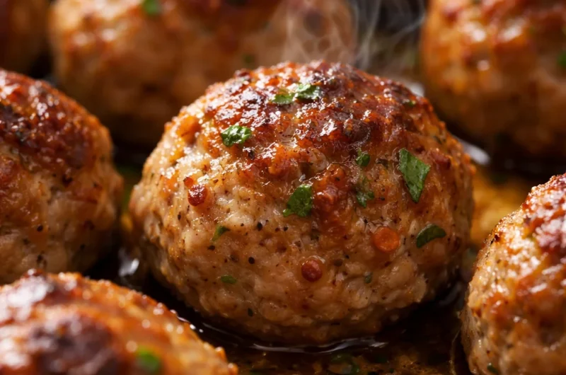 Healthy turkey meatballs oven-baked with spinach, served with spaghetti.