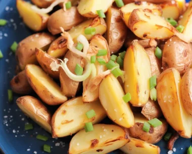 Crispy oven fried potatoes and onions served on a plate, garnished with herbs.
