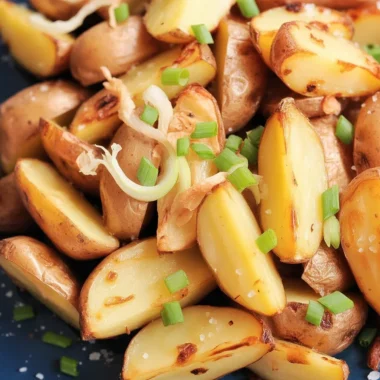 Crispy oven fried potatoes and onions served on a plate, garnished with herbs.
