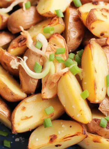 Crispy oven fried potatoes and onions served on a plate, garnished with herbs.