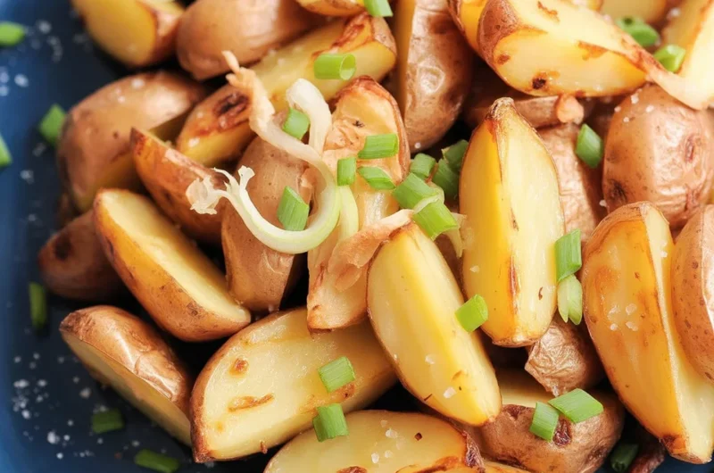 Crispy oven fried potatoes and onions served on a plate, garnished with herbs.