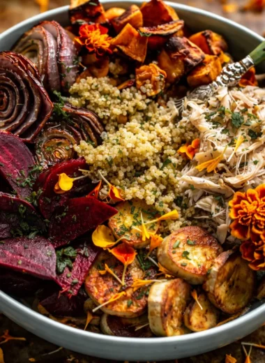 Healthy Quinoa Bowl with Roasted Winter Vegetables served in a white bowl.