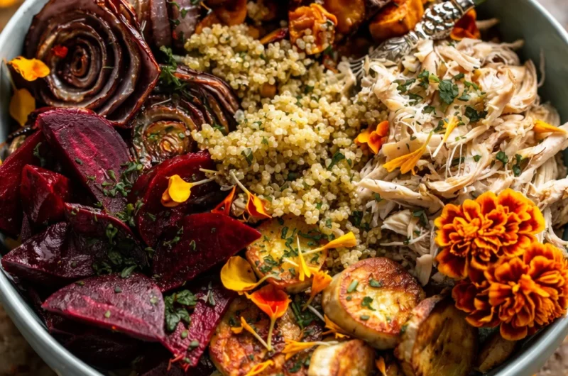 Healthy Quinoa Bowl with Roasted Winter Vegetables served in a white bowl.