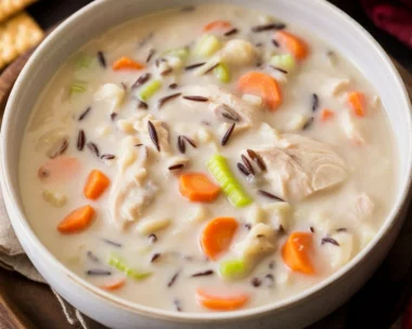 Delicious creamy chicken and wild rice soup with vegetables in a bowl.