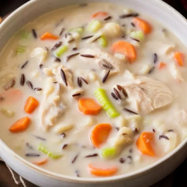 Deliciously Cozy Creamy Chicken and Wild Rice Soup Recipe 38 Delicious creamy chicken and wild rice soup with vegetables in a bowl.