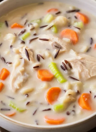 Delicious creamy chicken and wild rice soup with vegetables in a bowl.