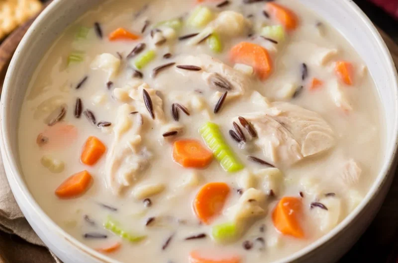 Delicious creamy chicken and wild rice soup with vegetables in a bowl.