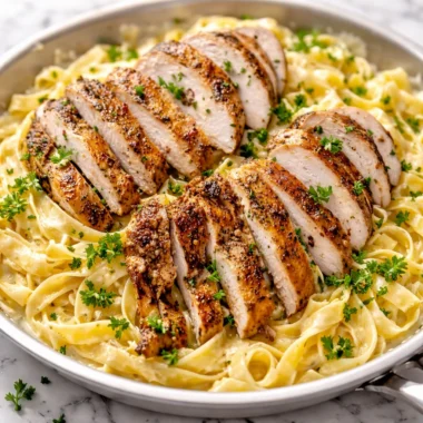 Creamy Chicken Alfredo Pasta with juicy chicken and rich sauce on a plate