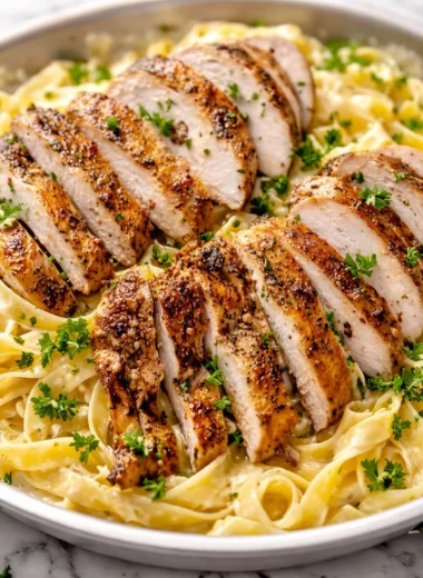Creamy Chicken Alfredo Pasta with juicy chicken and rich sauce on a plate