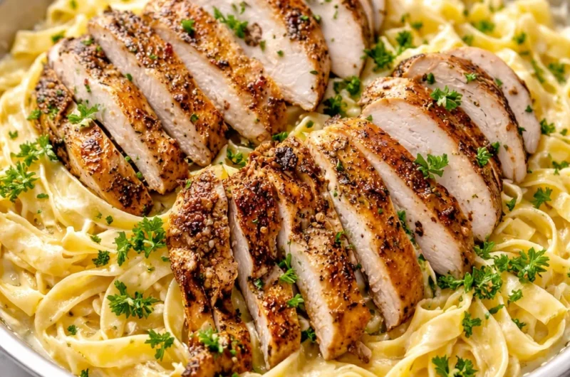 Creamy Chicken Alfredo Pasta with juicy chicken and rich sauce on a plate