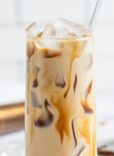 Salted Caramel White Russian cocktail garnished with caramel sauce and salt.