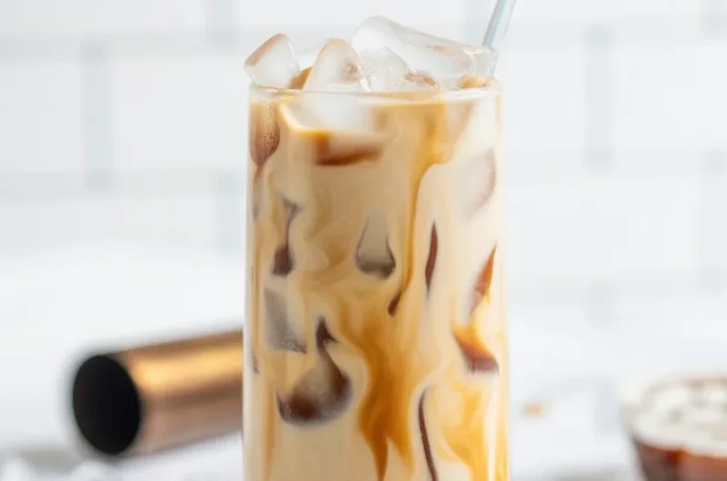 Salted Caramel White Russian cocktail garnished with caramel sauce and salt.