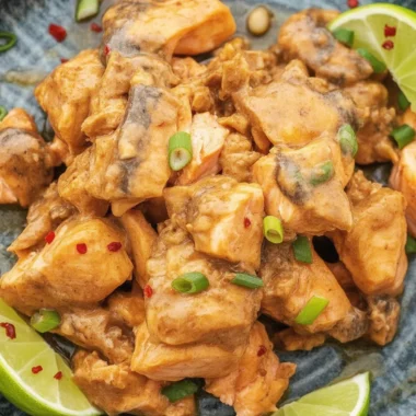 Bang Bang Salmon served with creamy sauce and fresh vegetables on a plate.