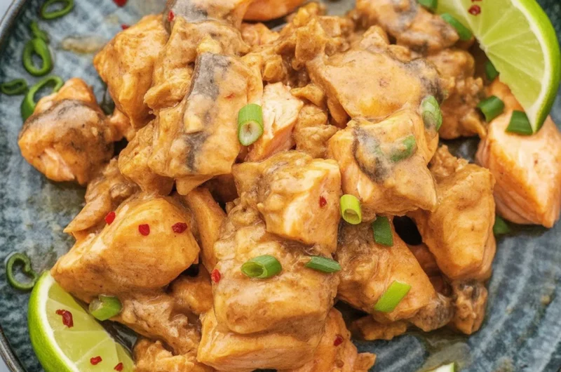 Bang Bang Salmon served with creamy sauce and fresh vegetables on a plate.