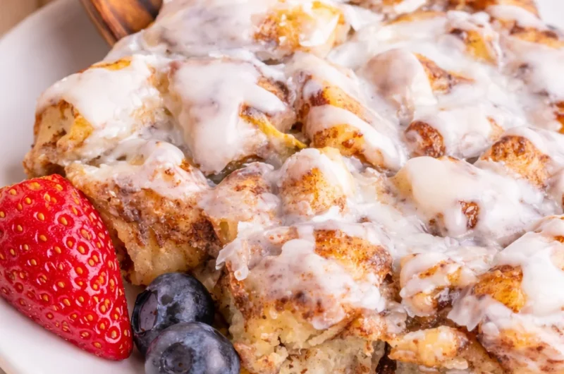 Easy Cinnamon Roll Casserole with store-bought rolls, topped with icing and maple syrup.