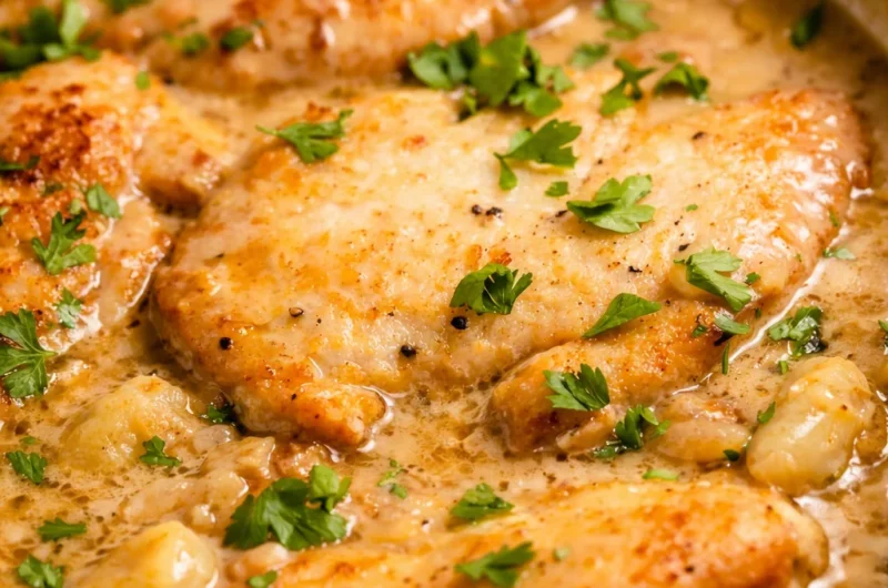 Creamy garlic butter chicken in a rich, savory sauce served on a plate