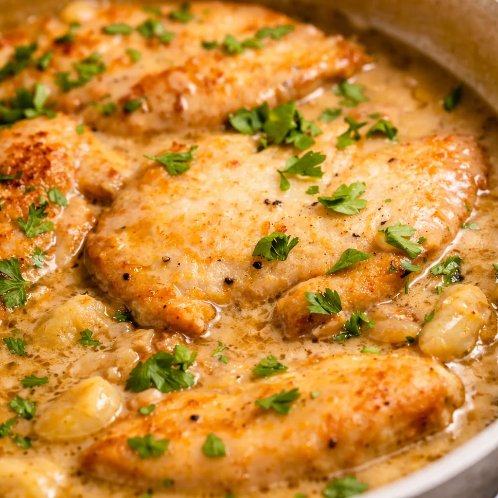 Creamy garlic butter chicken in a rich, savory sauce served on a plate